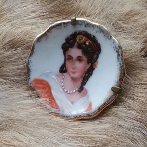 Hand Painted Victorian Gold Leaf Miniature Portrait Plate Brooch Signed Limoges
